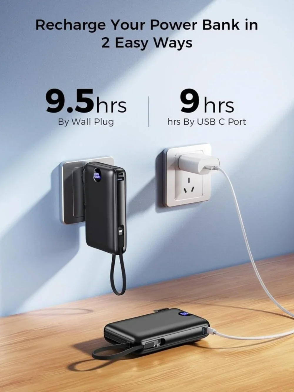 High-Capacity 50000mAh Portable Charger Power Bank with Wall Plug - Black